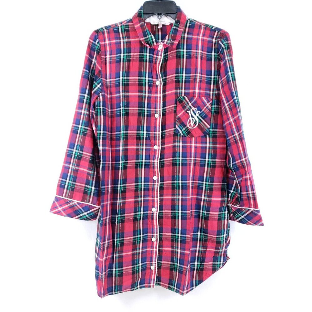 2 Victoria's Secret Shirt Women's Size Small Red Gray Plaid - Picture 3 of 14